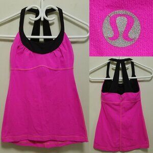 Lululemon Magenta Hot Pink Ruffle Tank Top Size 4 XS Black Yoga Bra in Built